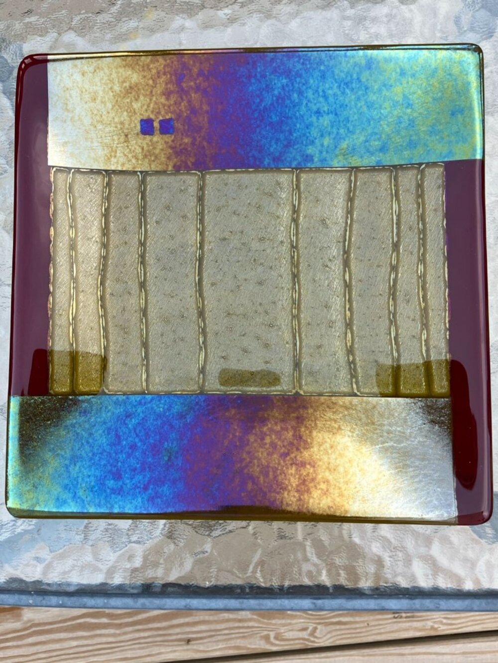 Vtg Lynn Latimer Art Glass Iridescent Fused Decorative Glass Square Platter